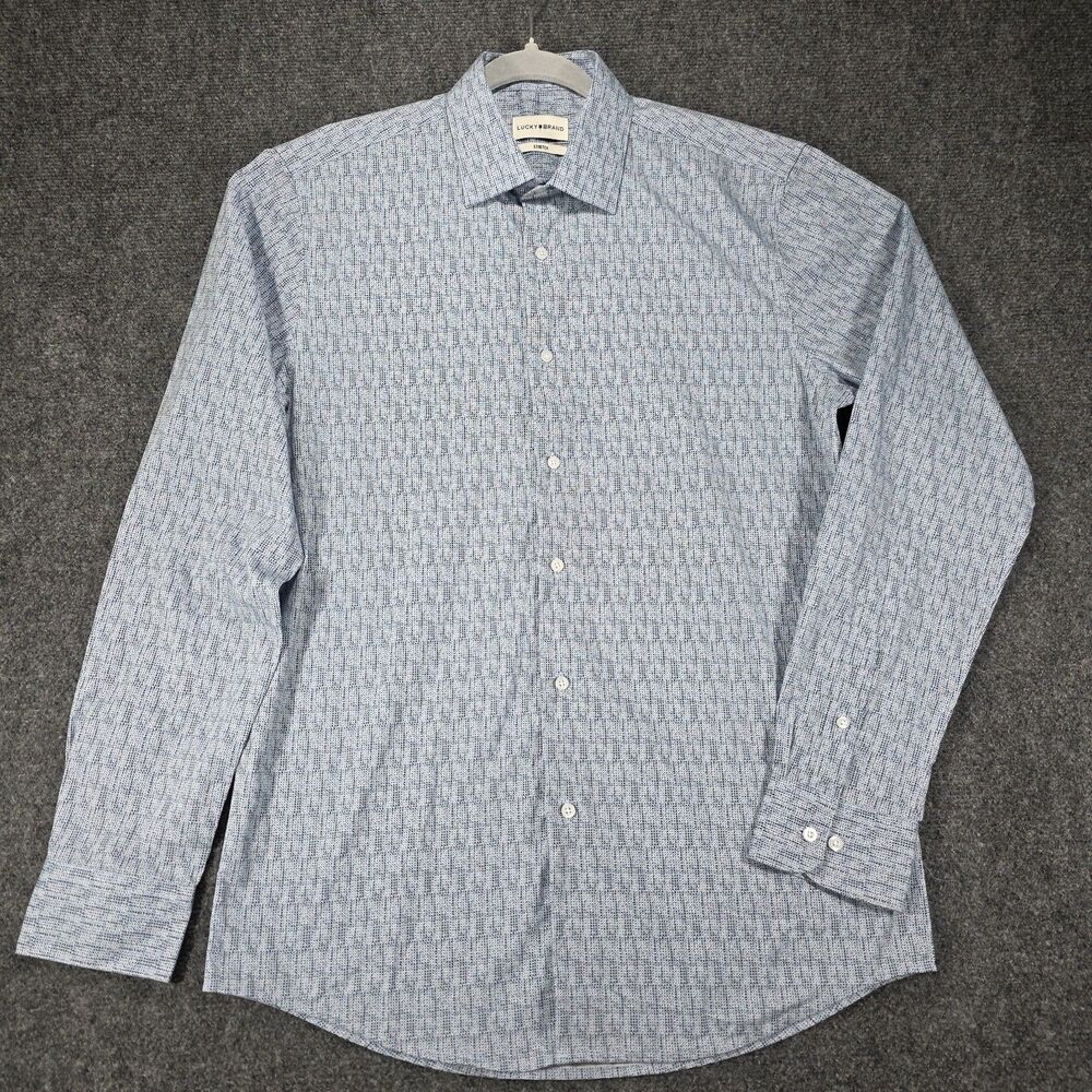 Lucky Brand Mens M Slim Fit Stretch, Point Collar, Dress Shirt, Blue Crosshatch.